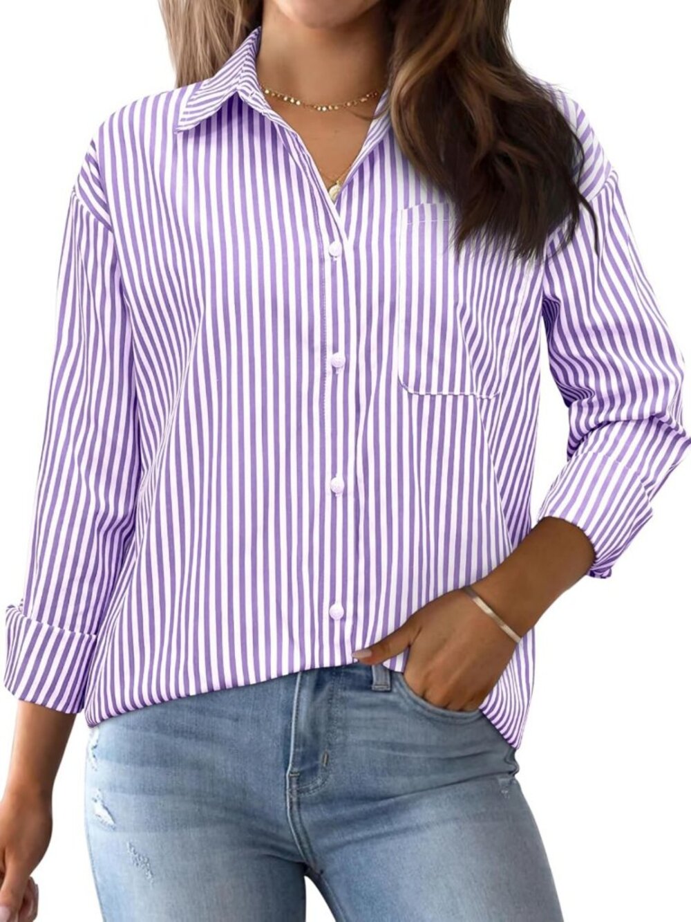 Classic Striped Long Sleeve Button Down Blouse with Pocket for Office & Work